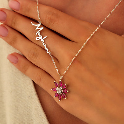 Close-up of Name Necklace with Birth Flower Birthstone Charm