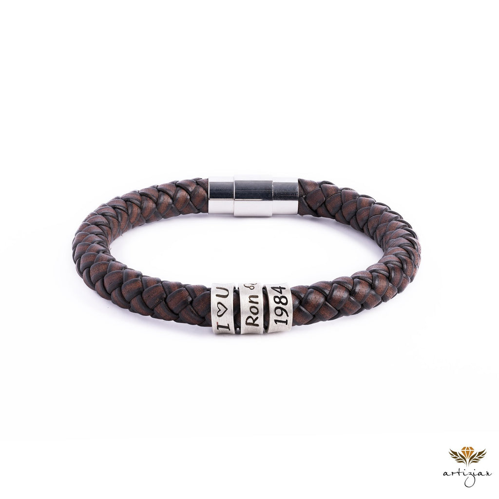 Men's Leather Bracelet, Magnetic Closure, Engraved Beads