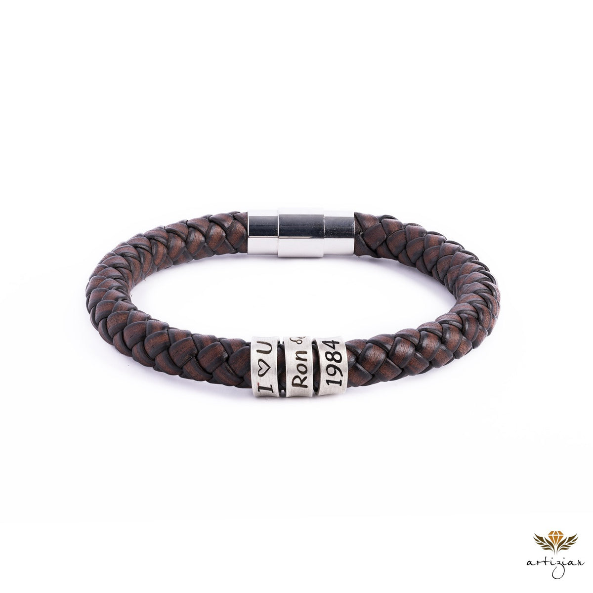 Men's Leather Bracelet, Magnetic Closure, Engraved Beads