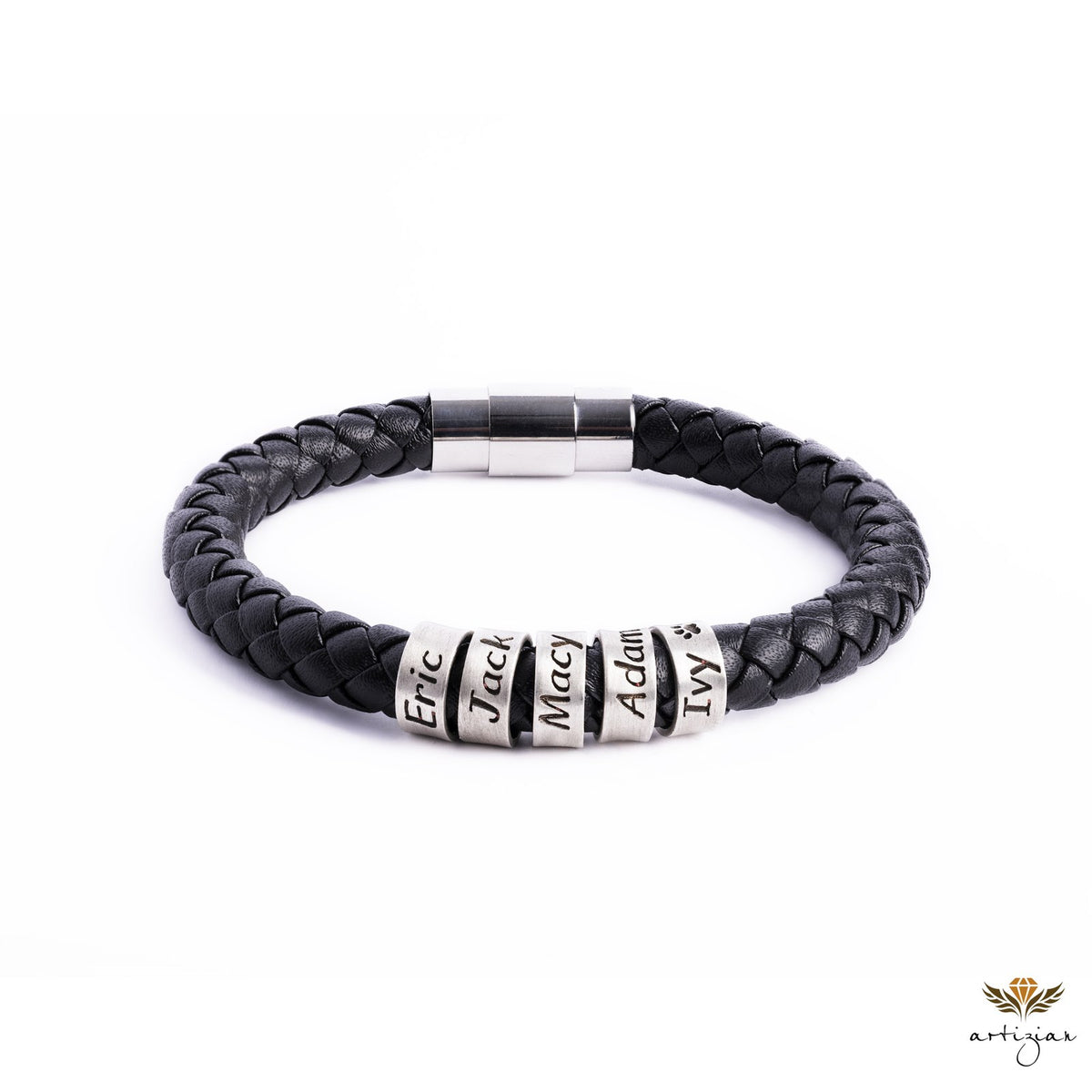 Men's Leather Bracelet, Magnetic Closure, Engraved Beads