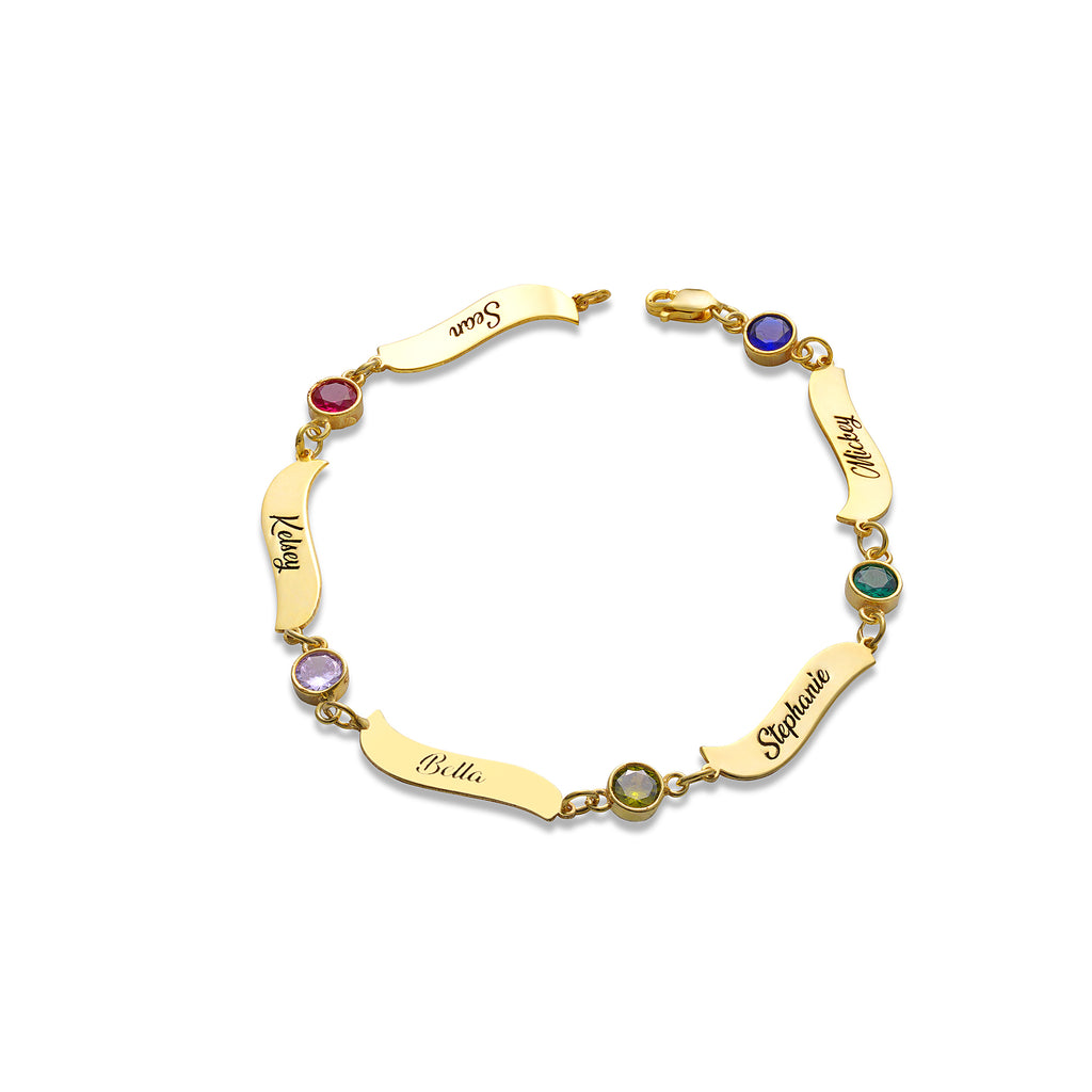 Wavy charm name bracelet with birthstone, handmade by Artizian