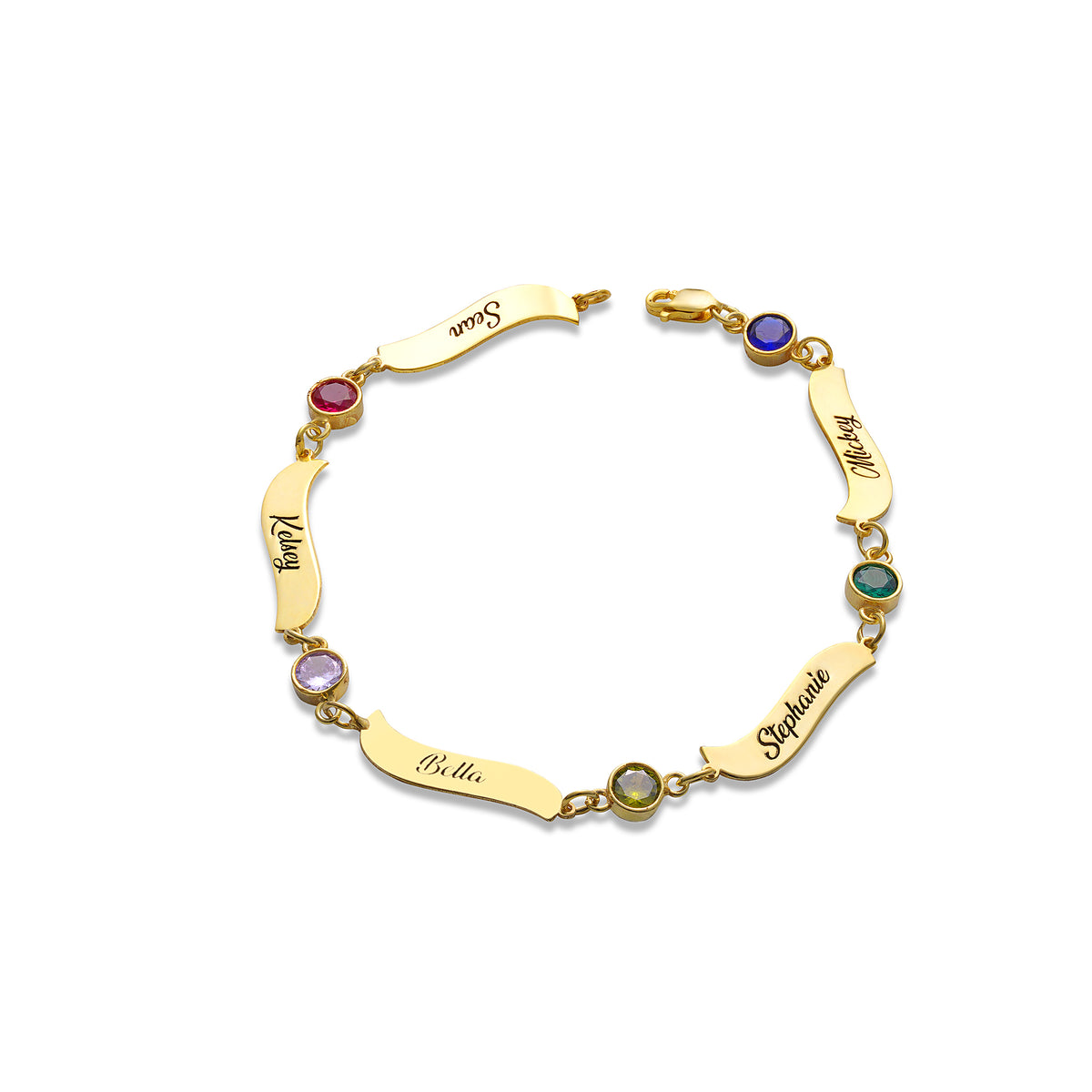 Wavy charm name bracelet with birthstone, handmade by Artizian