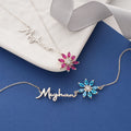 Name bracelet with birth flower birthstone charm, handmade by Artizian