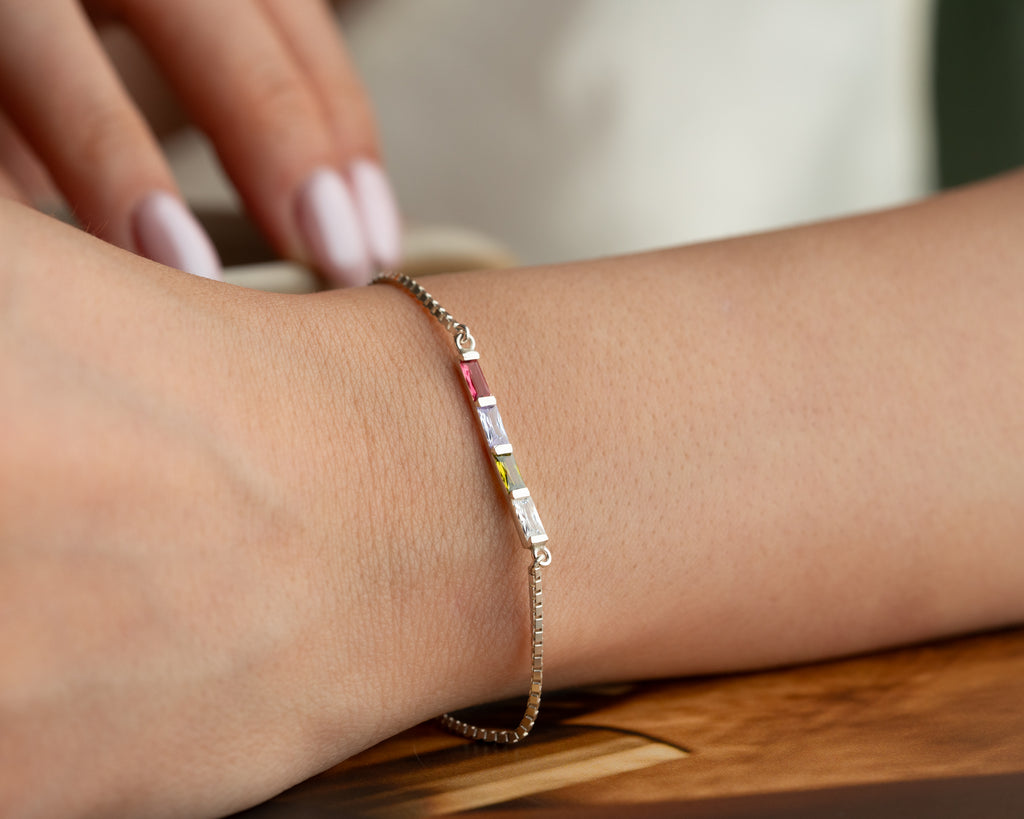 Stylish 925 sterling silver birthstone bracelet, crafted in the Artizian studio