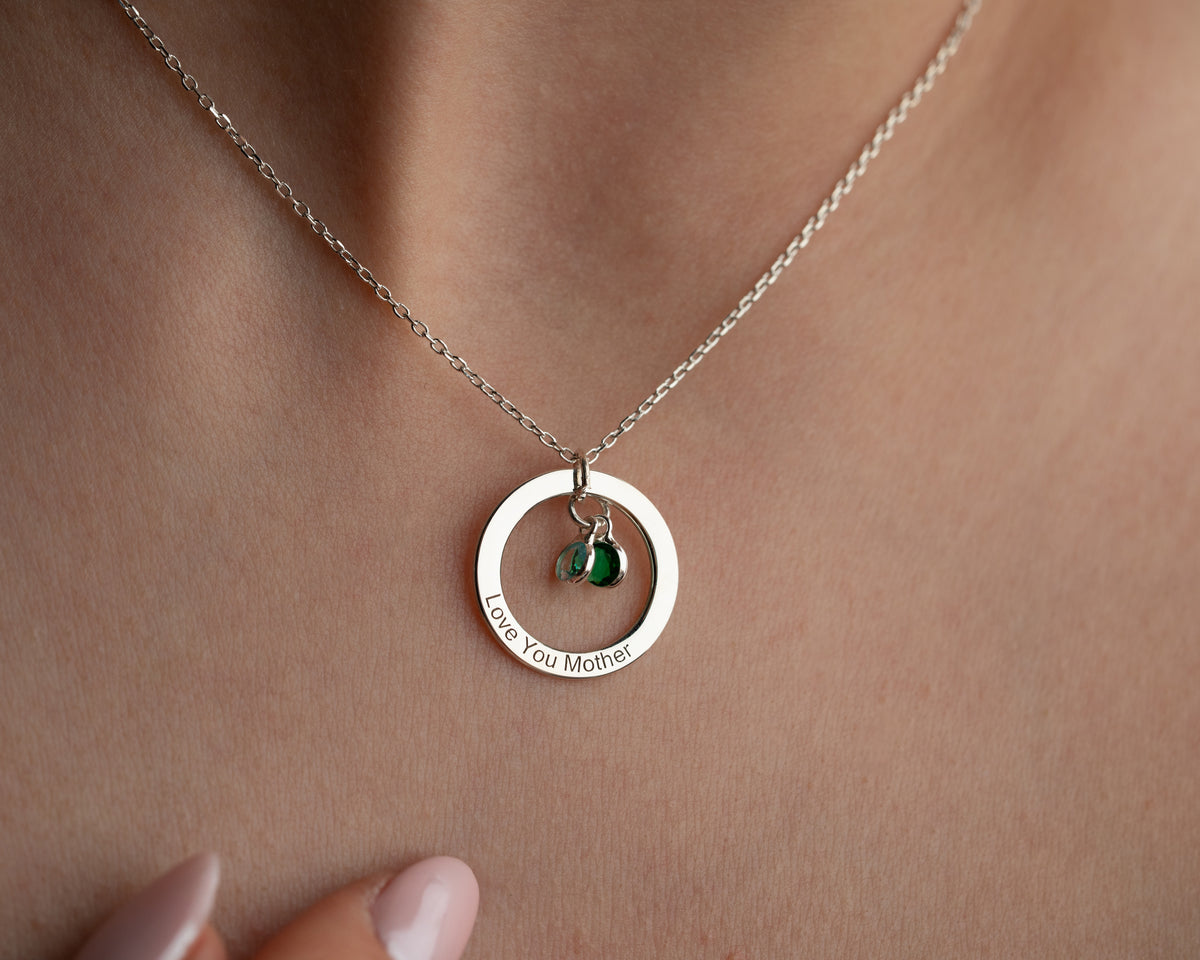 Engraved 925 sterling silver pendant necklace with birthstones, handmade by Artizian