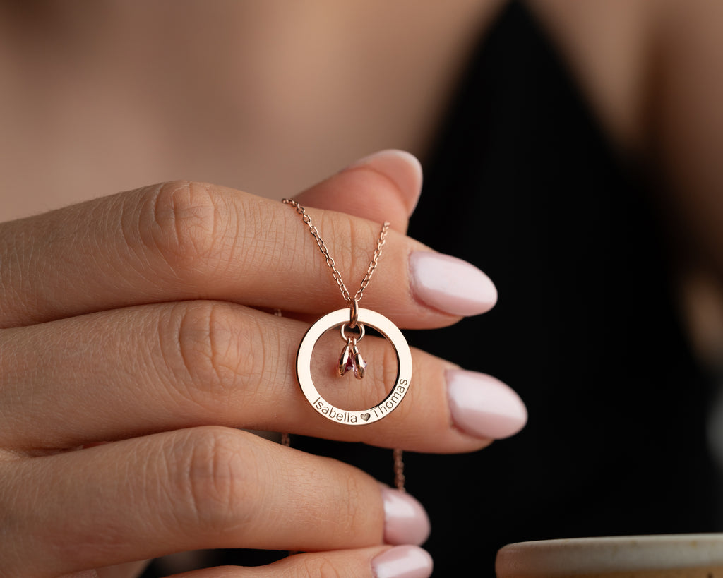 Engraved 925 sterling silver pendant necklace with birthstones, made to order