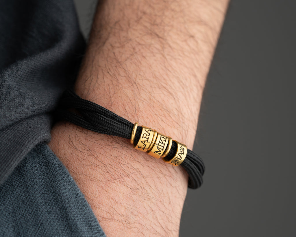 Men's paracord bracelet with personalized engraved beads, made to order