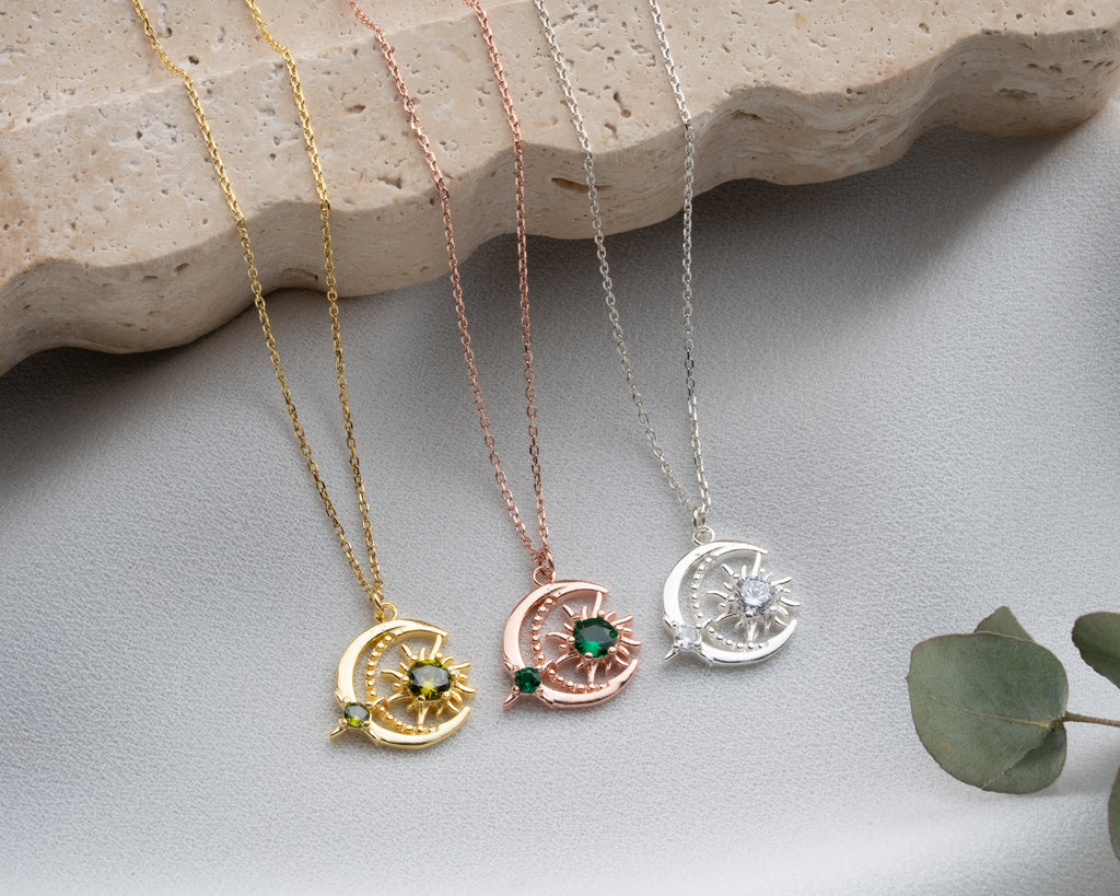 Personalized moon and sun celestial necklace, handmade by Artizian