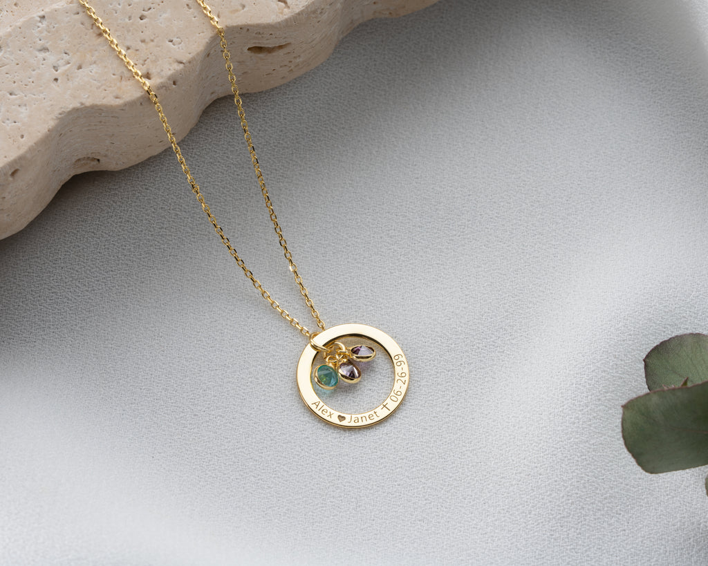 Engraved 925 sterling silver pendant necklace with birthstones, a personalized jewelry gift