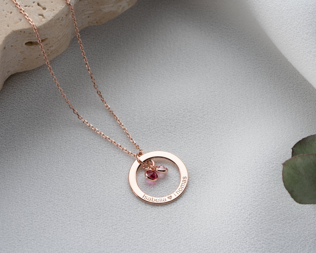 Engraved 925 sterling silver pendant necklace with birthstones, made to order