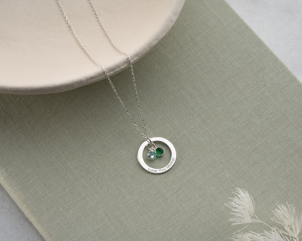 Engraved 925 sterling silver pendant necklace with birthstones, crafted in the Artizian studio
