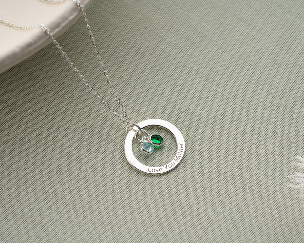 Engraved 925 sterling silver pendant necklace with birthstones, a personalized jewelry gift