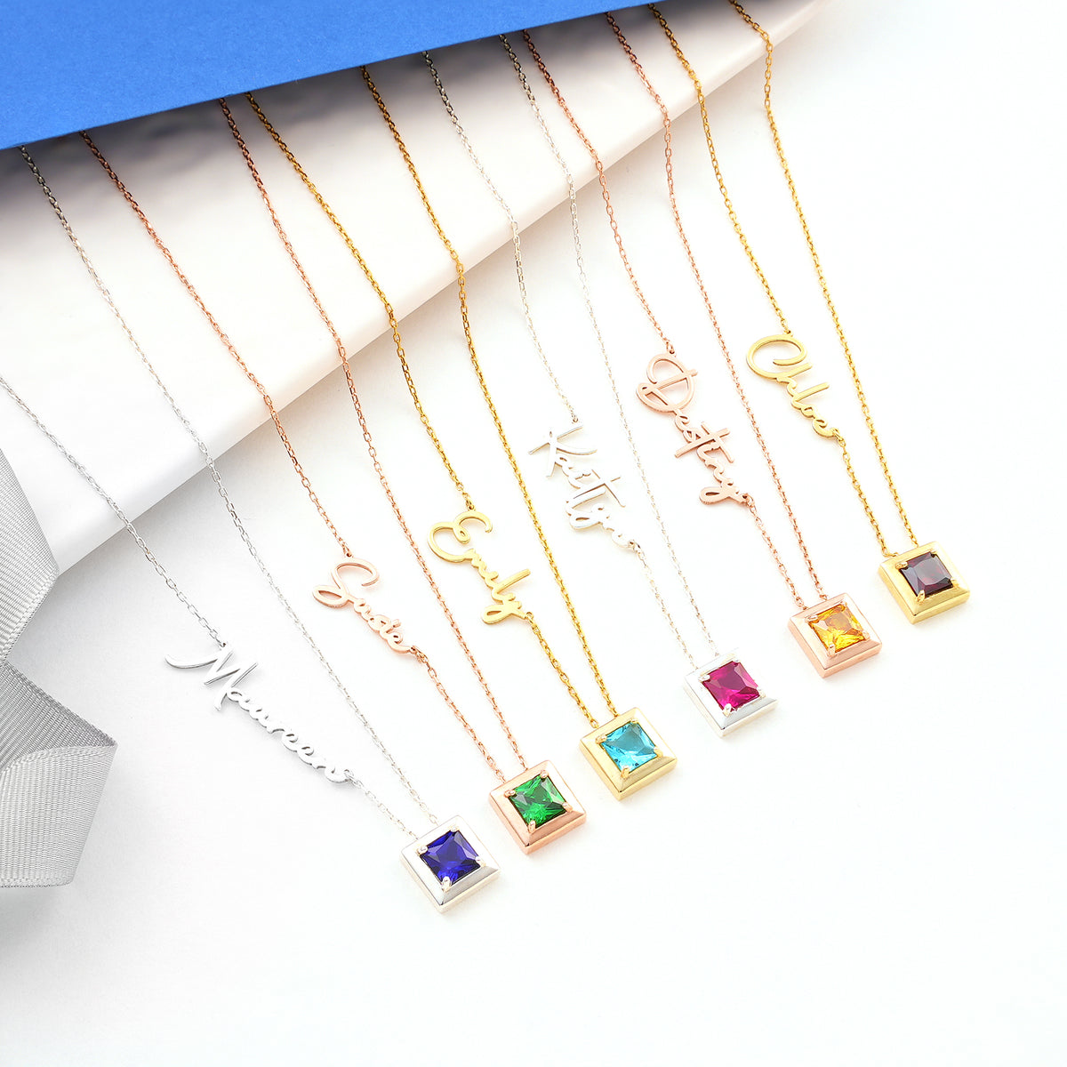 Name necklace with square birthstone charm, Artizian handmade jewelry since 1999