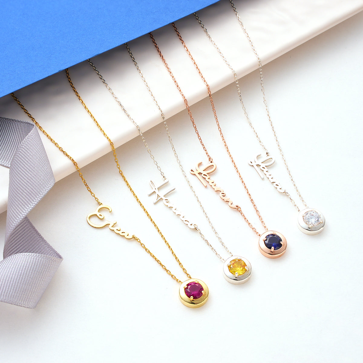 Name necklace with circle birthstone charm, a personalized jewelry gift