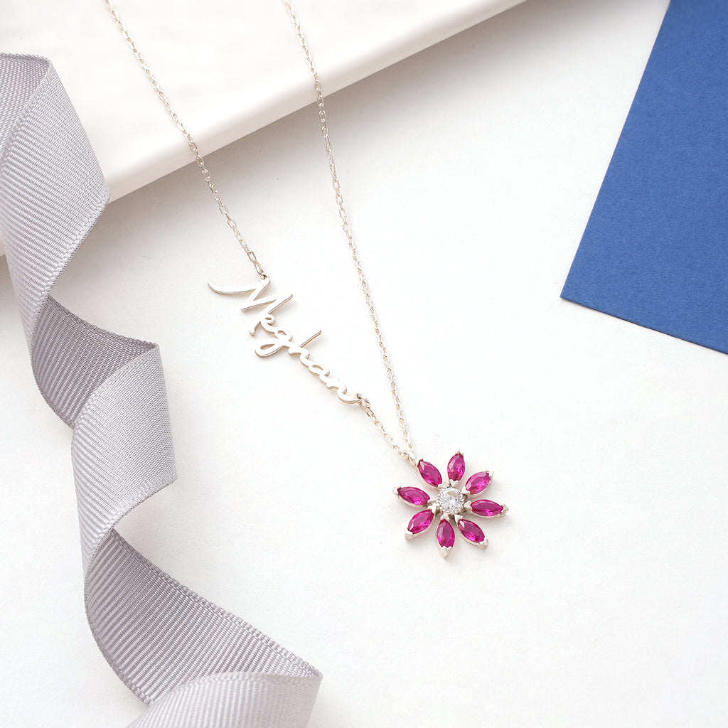 Name necklace with birth flower birthstone charm, a personalized jewelry gift