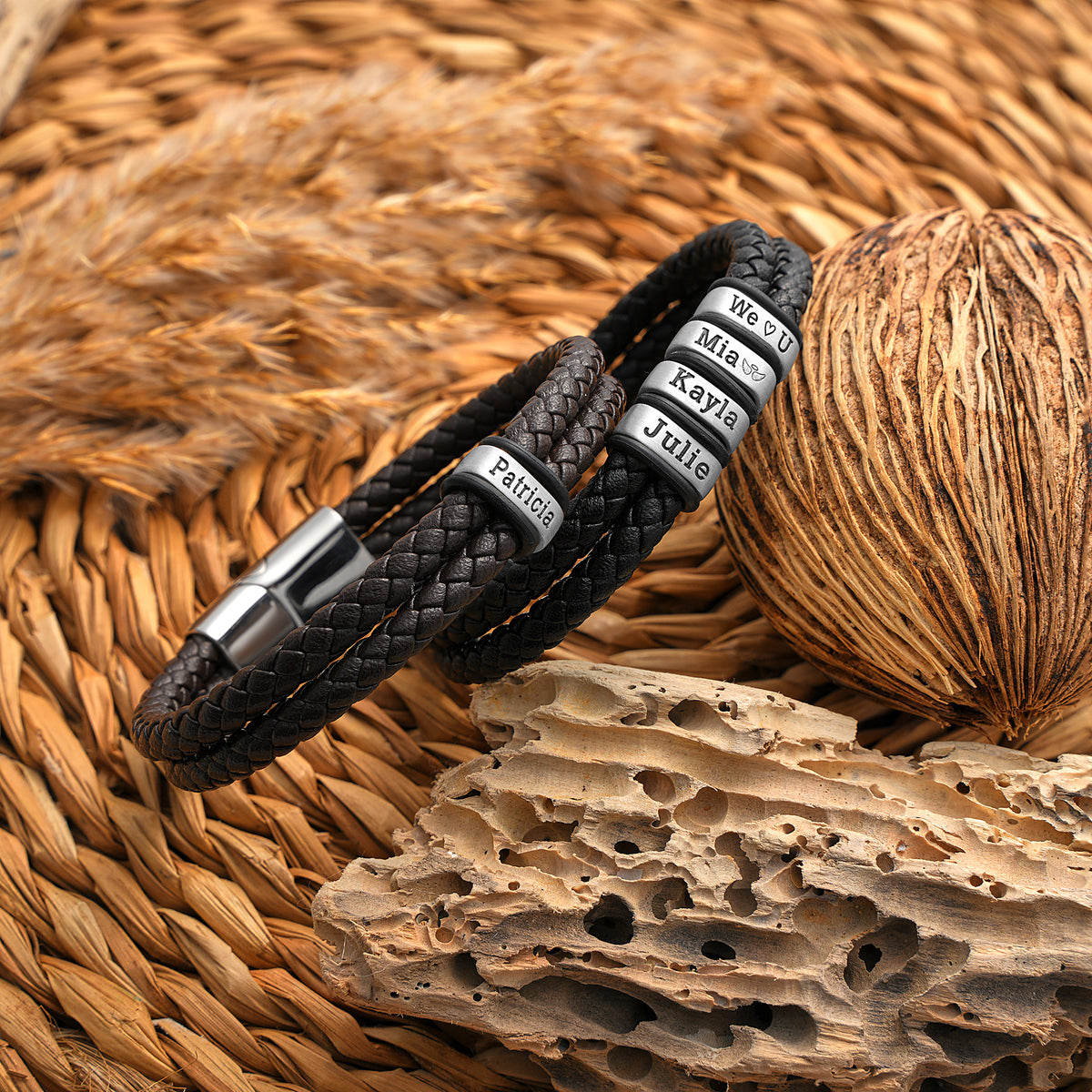 6mm double-strand men's leather bracelet with engraved beads, crafted in the Artizian studio