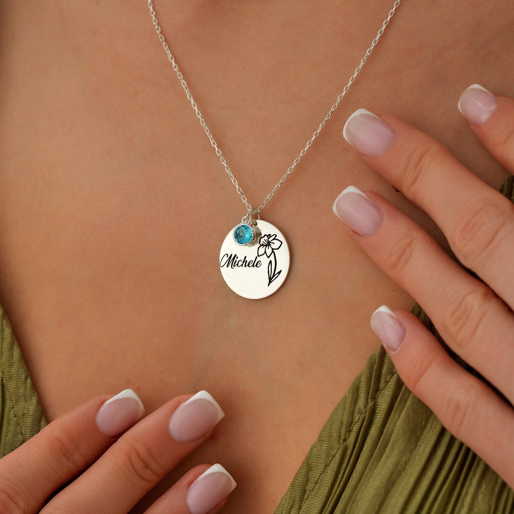 Personalized birth flower name necklace with birth month pendant, handmade by Artizian