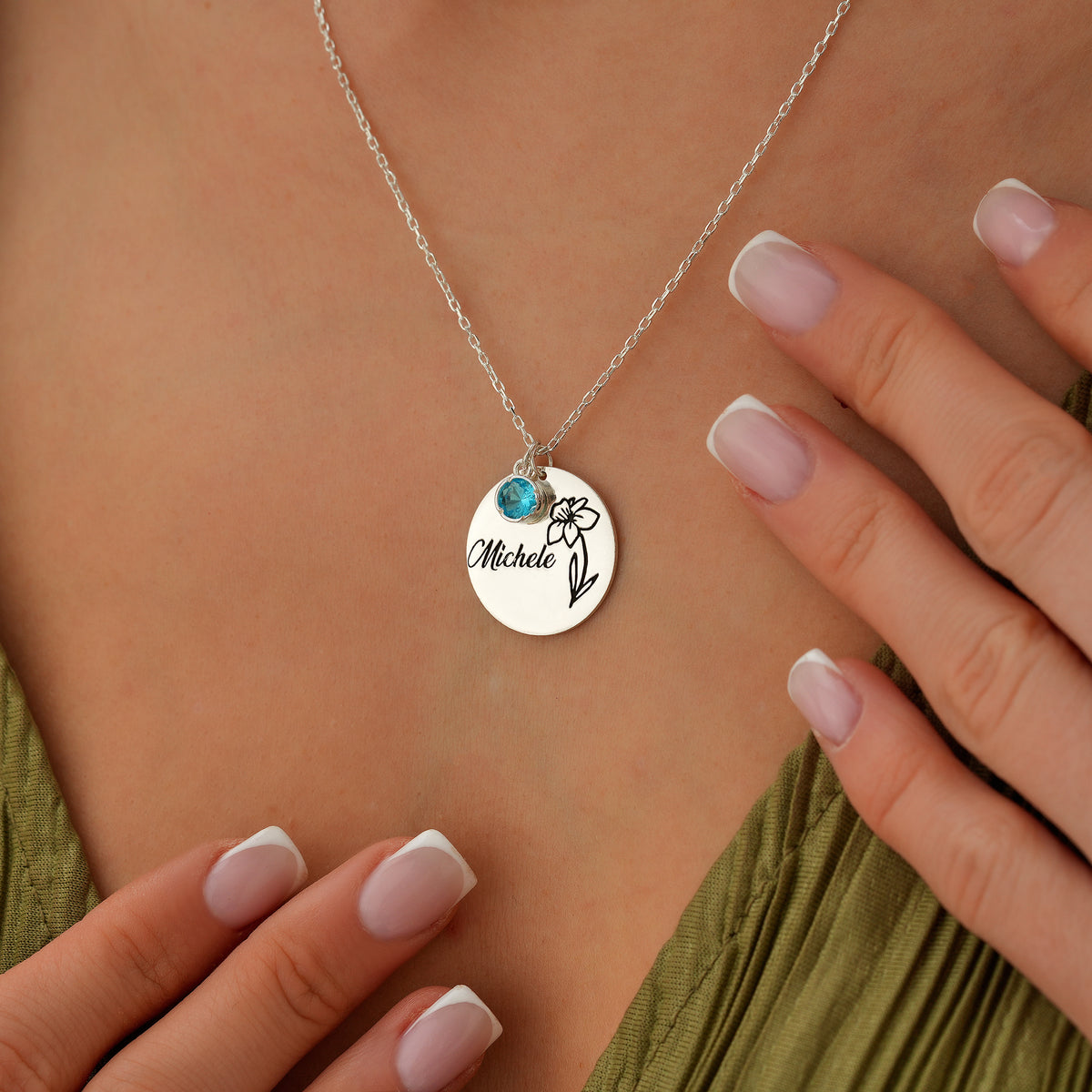 Personalized birth flower name necklace with birth month pendant, handmade by Artizian