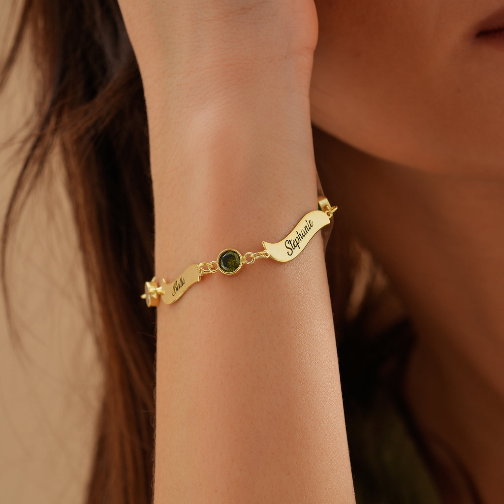 Wavy charm name bracelet with birthstone, Artizian handmade jewelry since 1999