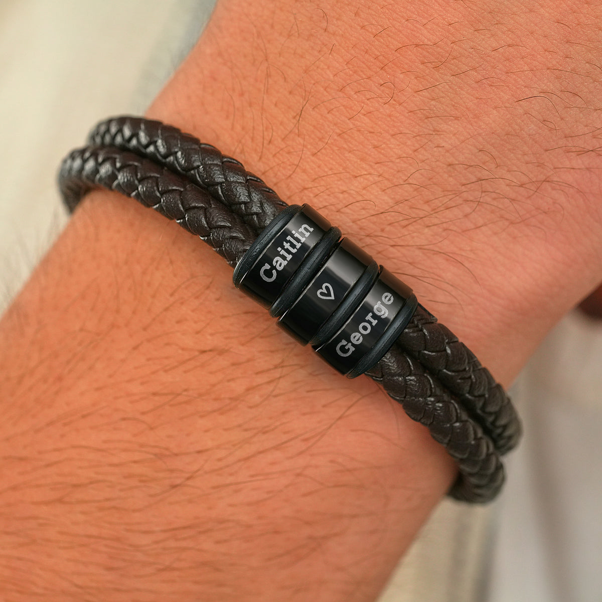 6mm double-strand men's leather bracelet with engraved beads, a personalized jewelry gift