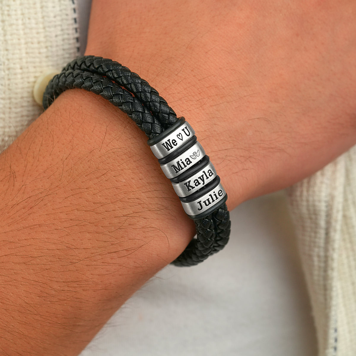 6mm double-strand men's leather bracelet with engraved beads, handmade by Artizian