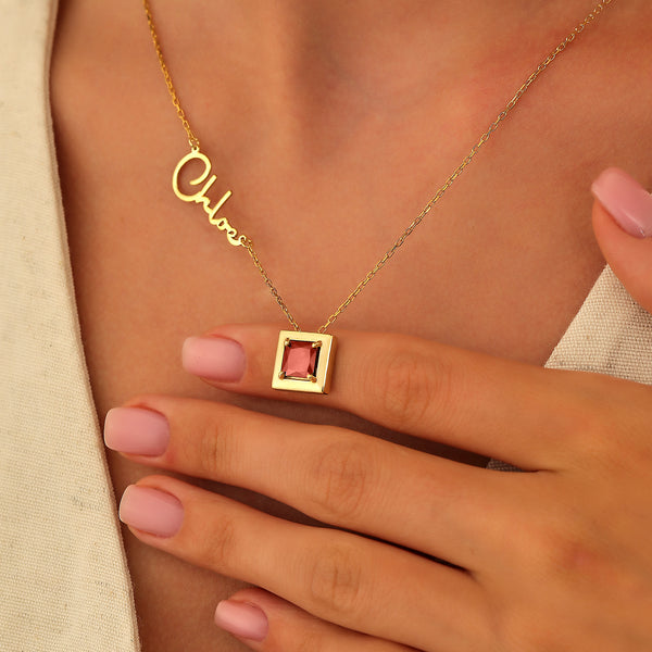 Name Necklace with Square Birthstone Charm, Personalized Gift for Her