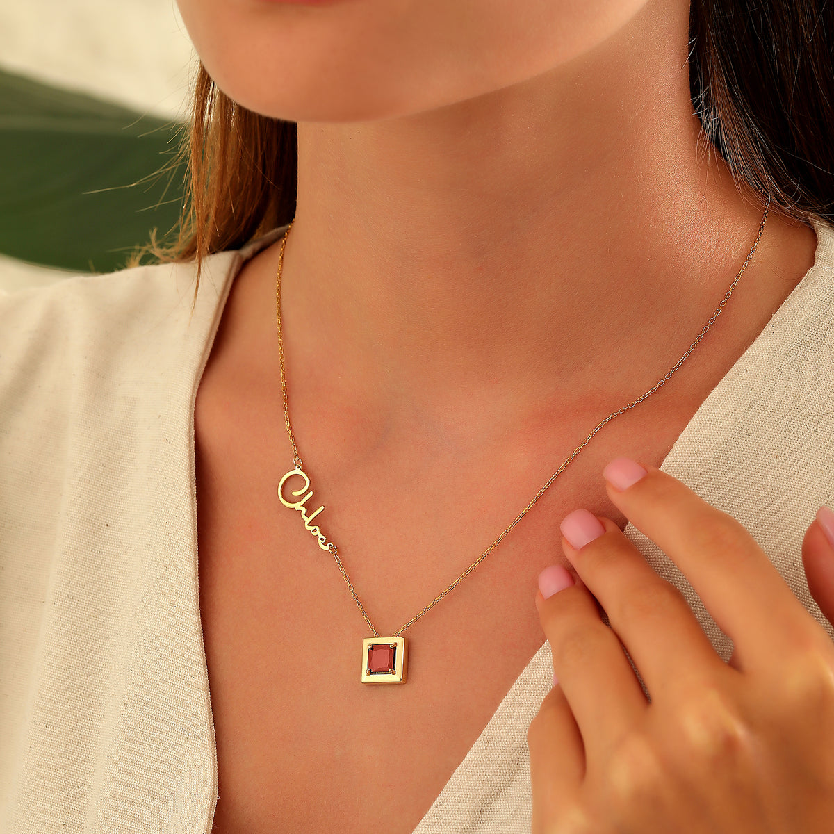 Name necklace with square birthstone charm, made to order