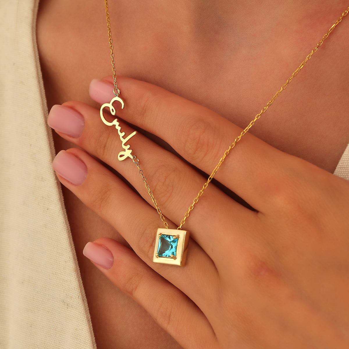 Name necklace with square birthstone charm, crafted in the Artizian studio