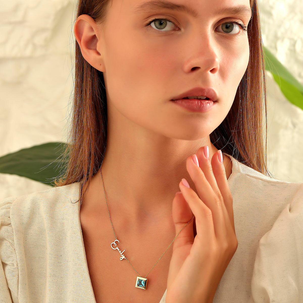 Name necklace with square birthstone charm, a personalized jewelry gift