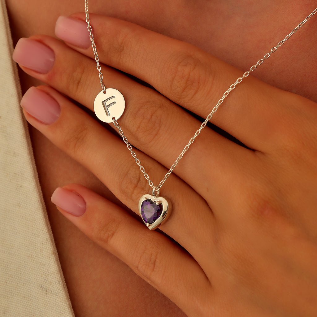 Initial necklace with heart birthstone charm, made to order