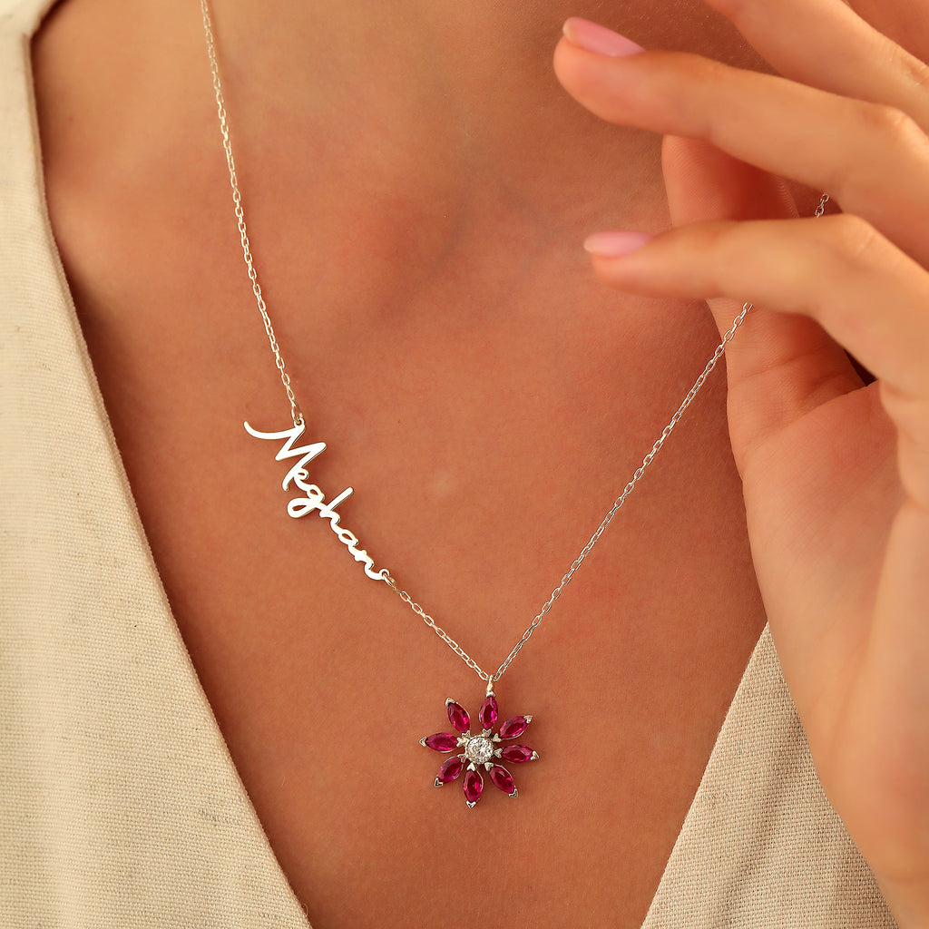 Name necklace with birth flower birthstone charm, handmade by Artizian