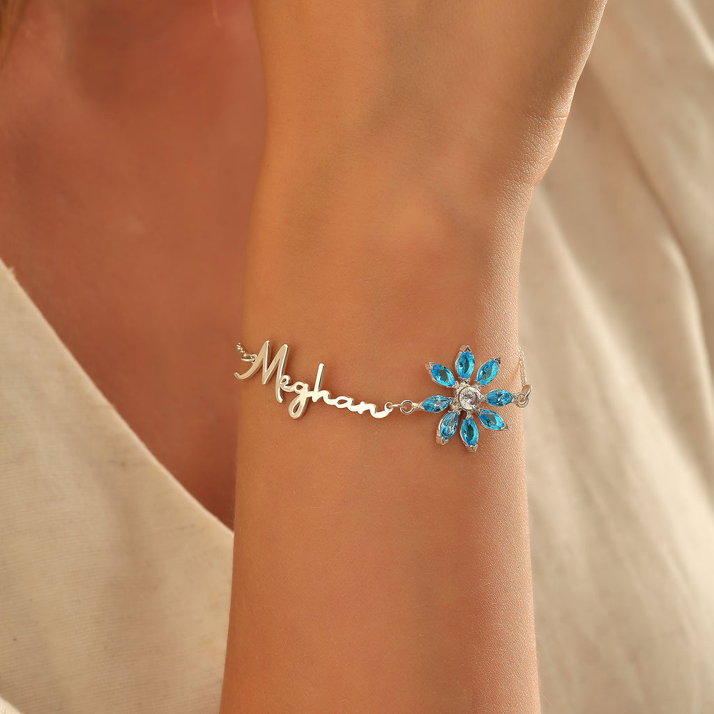 Name bracelet with birth flower birthstone charm, Artizian handmade jewelry since 1999