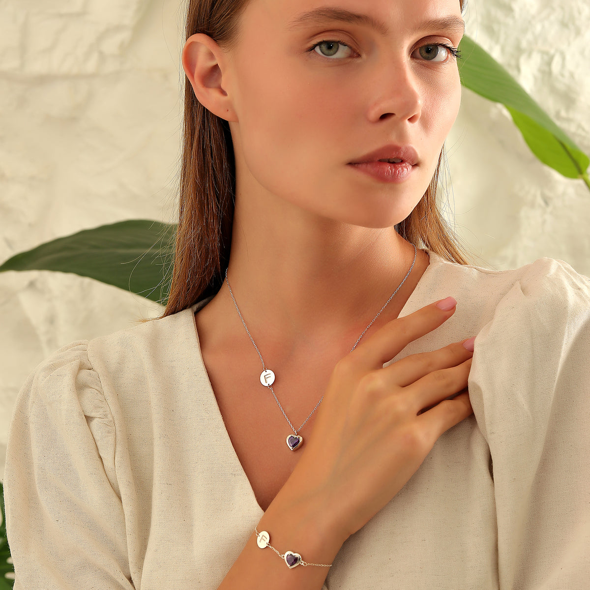 Initial necklace with heart birthstone charm, handmade by Artizian