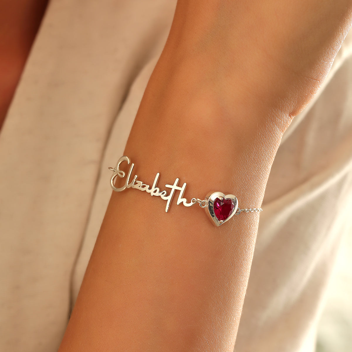 Script name bracelet with birthstone, handmade by Artizian