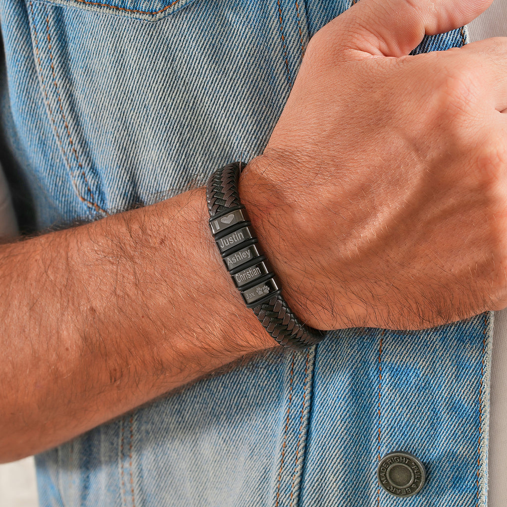 12mm men's leather bracelet with engraved steel beads and magnetic clasp, made to order