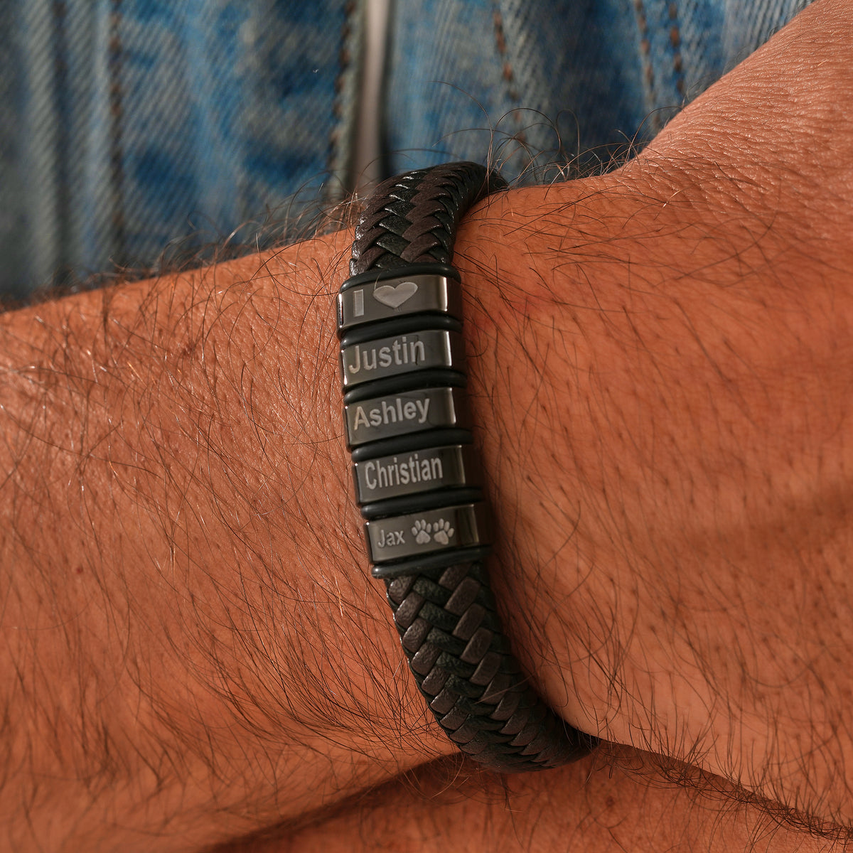 12mm men's leather bracelet with engraved steel beads and magnetic clasp, Artizian handmade jewelry since 1999