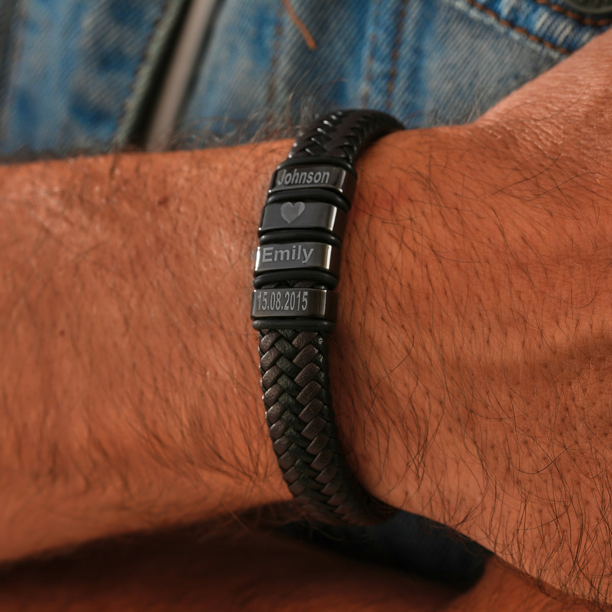 12mm men's leather bracelet with engraved steel beads and magnetic clasp, handmade by Artizian