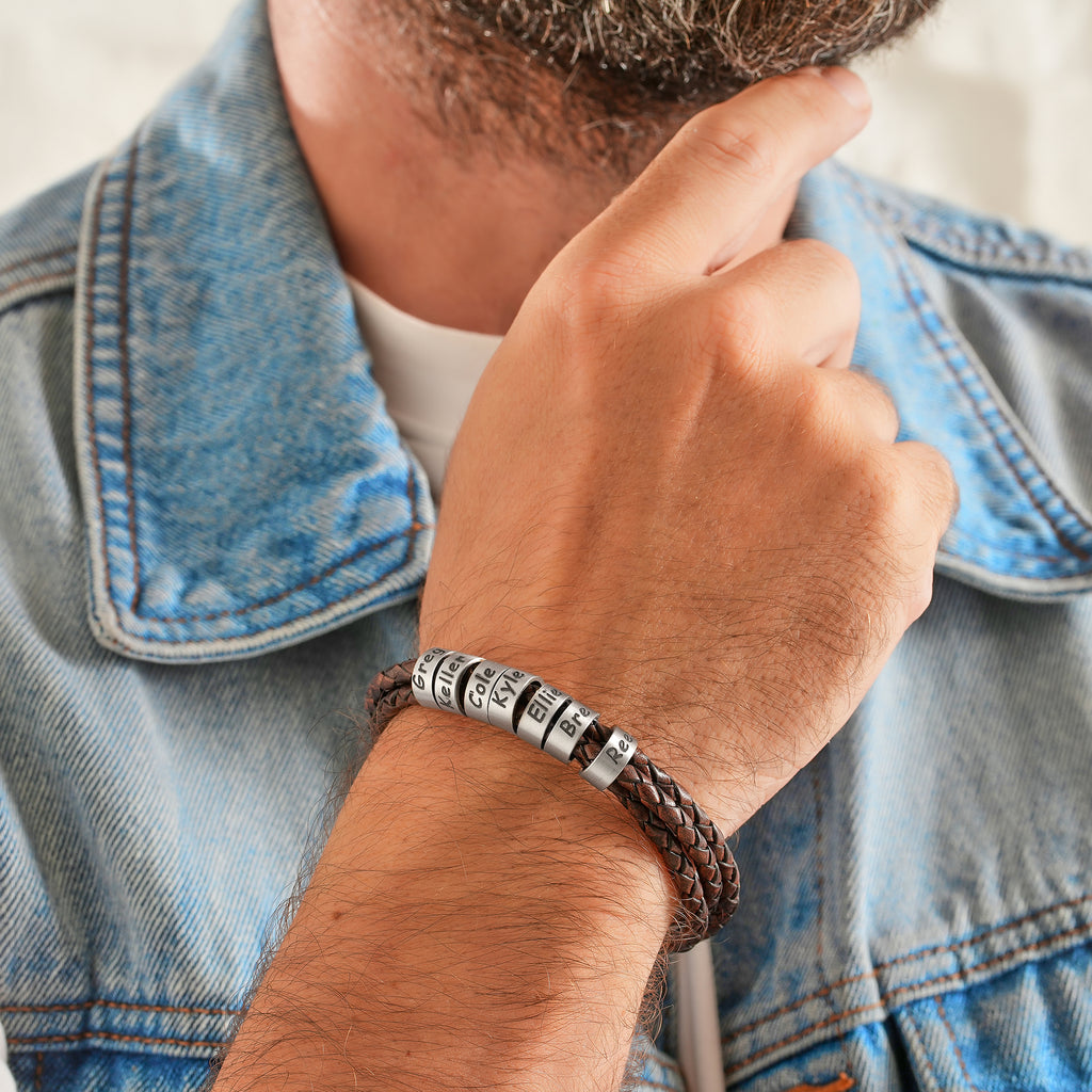 Men's leather wrap bracelet with personalized engraved beads, Artizian handmade jewelry since 1999