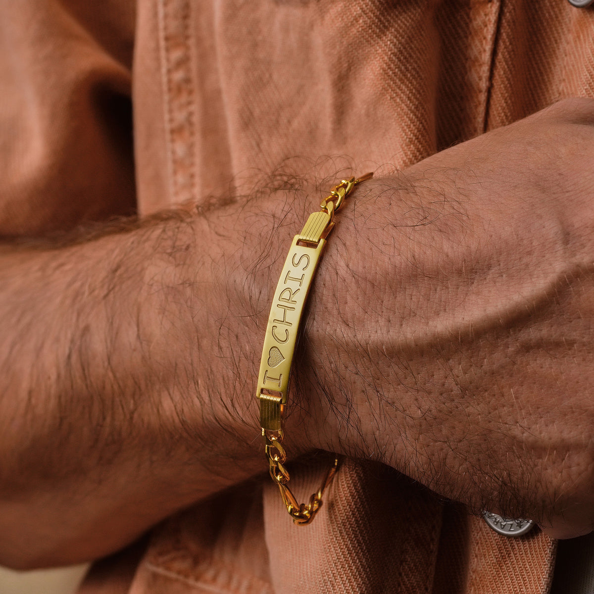 Men's sterling silver Figaro ID bracelet with engraved name plate, made to order