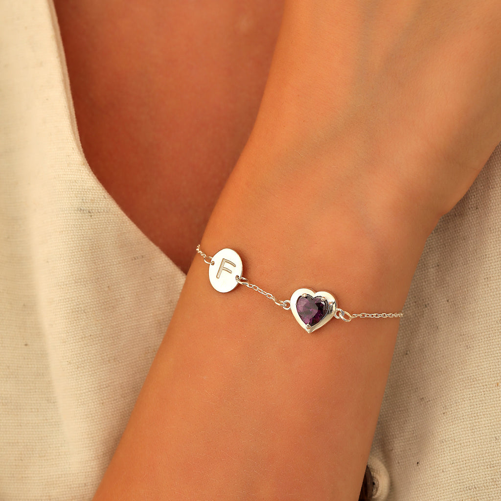 Initial bracelet with heart birthstone charm, handmade by Artizian