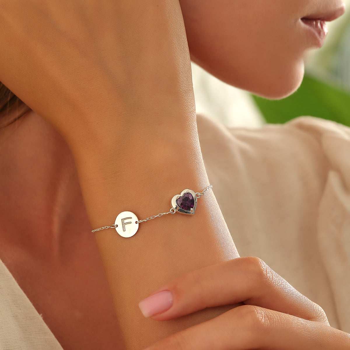 Initial bracelet with heart birthstone charm, Artizian handmade jewelry since 1999