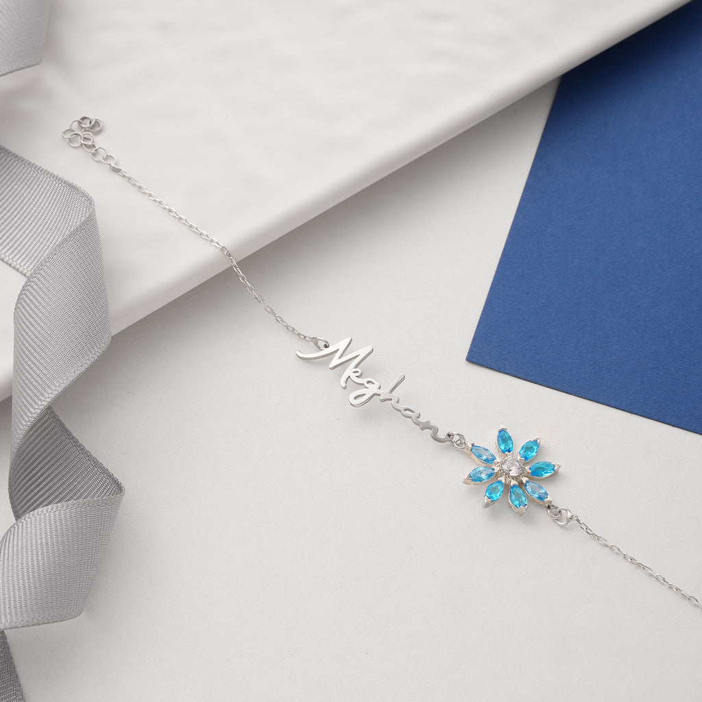 Name bracelet with birth flower birthstone charm, made to order
