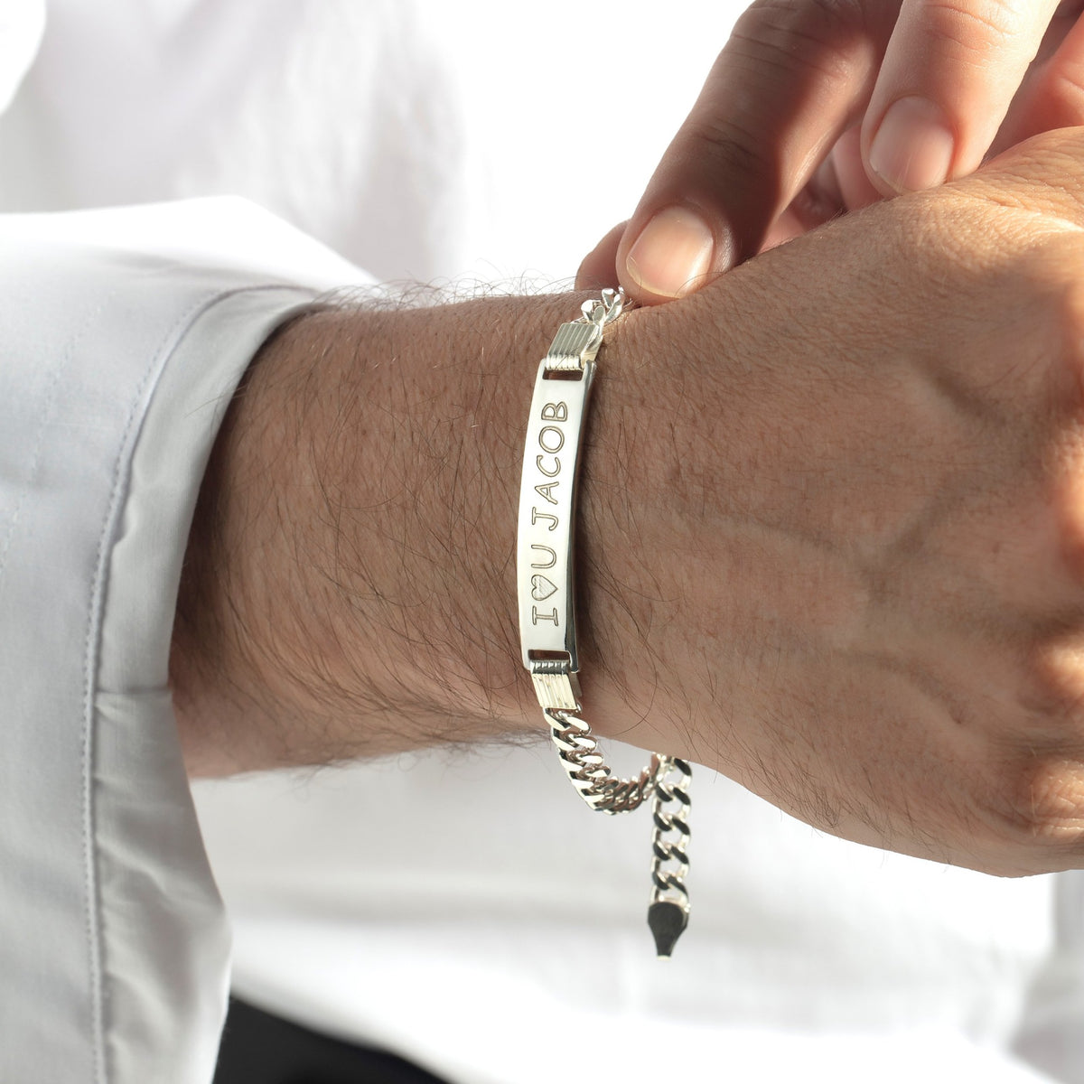 Silver Cuban curb chain ID bracelet engraved I love u Jacob