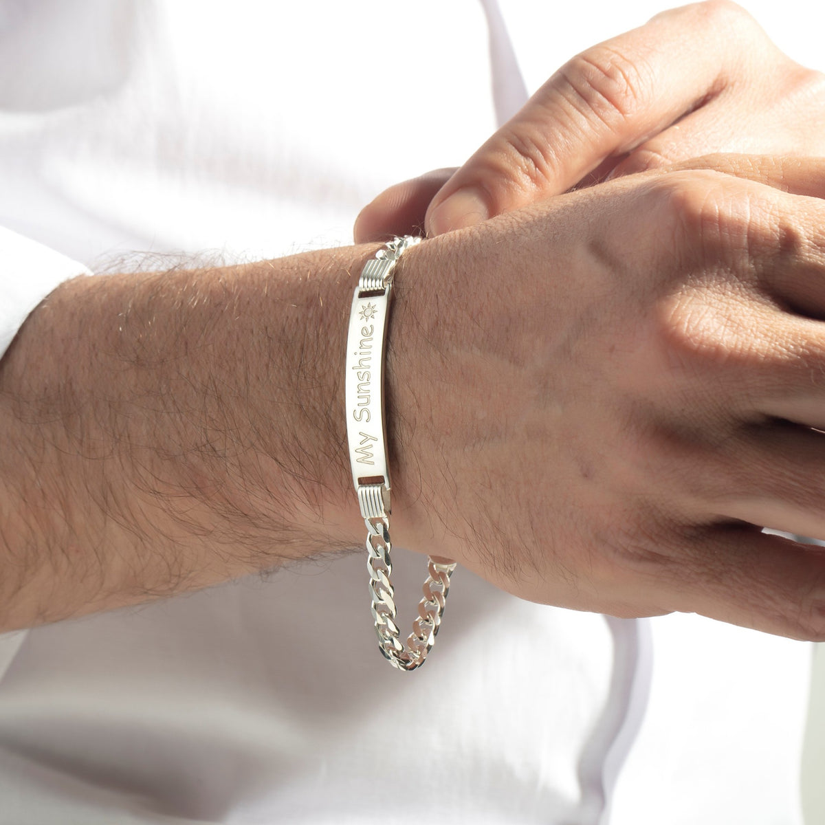 Silver Cuban curb chain ID bracelet engraved My Sunshine