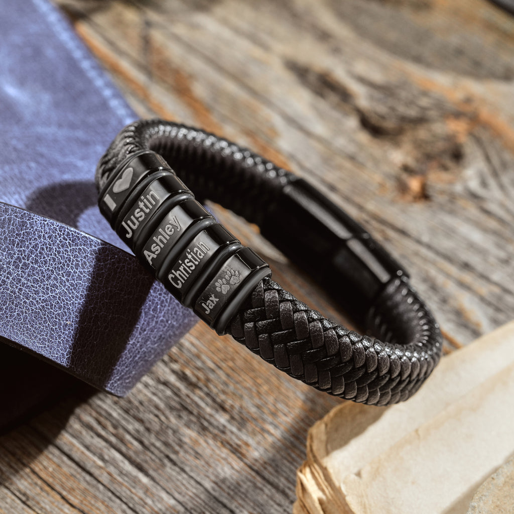 12mm men's leather bracelet with engraved steel beads and magnetic clasp, handmade by Artizian