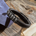 12mm men's leather bracelet with engraved steel beads and magnetic clasp, handmade by Artizian