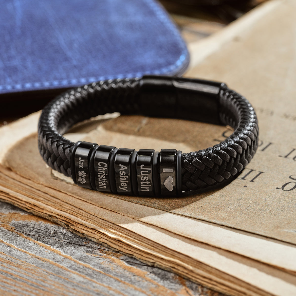 12mm men's leather bracelet with engraved steel beads and magnetic clasp, crafted in the Artizian studio