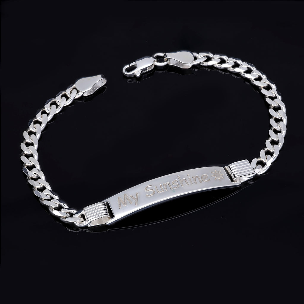 Men's sterling silver Cuban curb chain ID bracelet with engraved name plate, made to order
