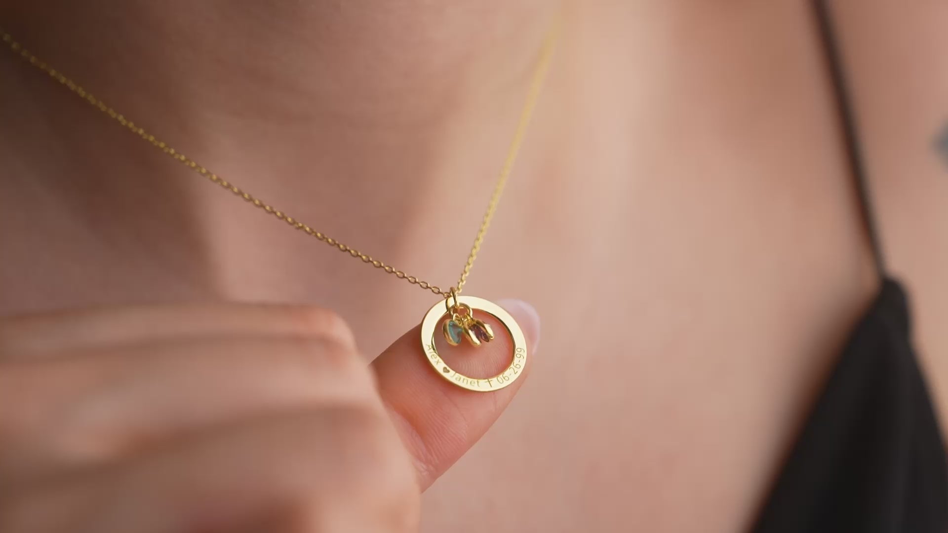 Video of Engraved Pendant Necklace with Birthstones, handmade and engraved by Artizian