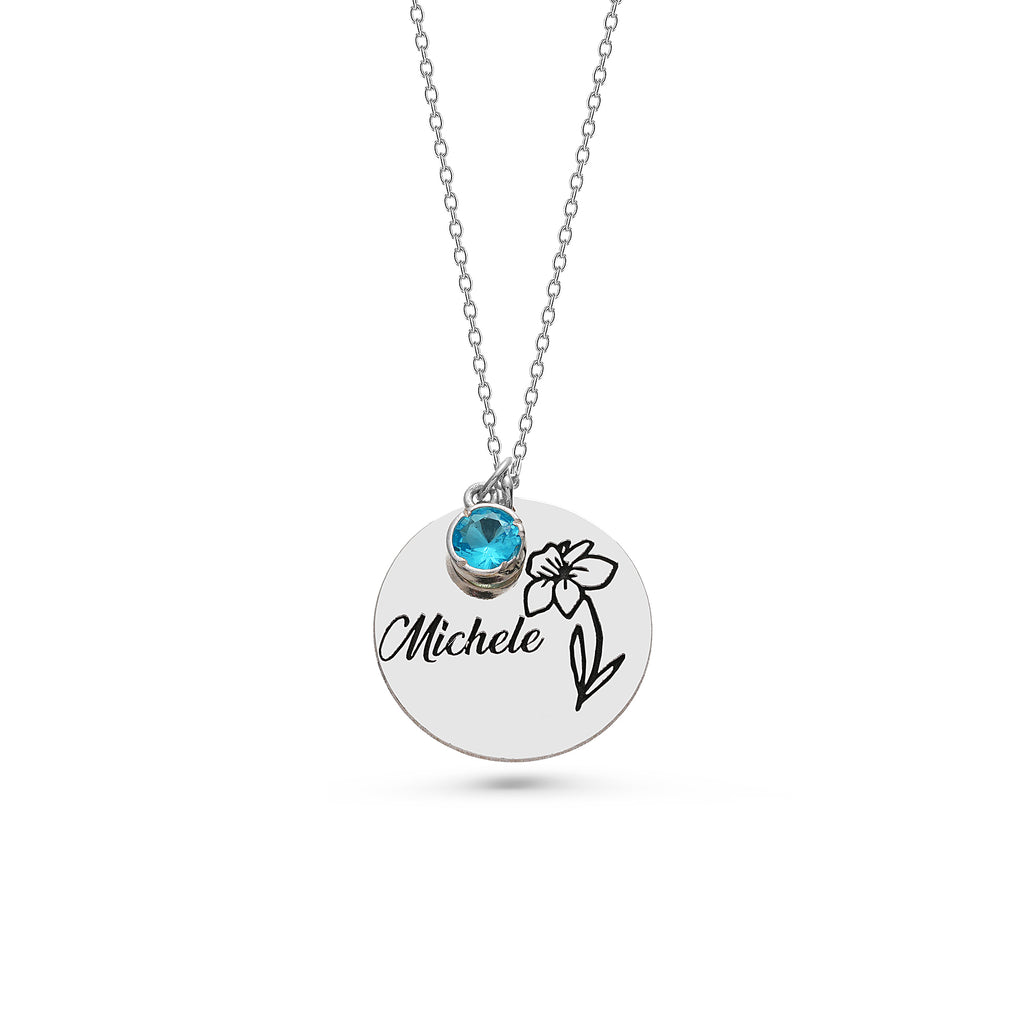Personalized birth flower name necklace with birth month pendant, crafted in the Artizian studio